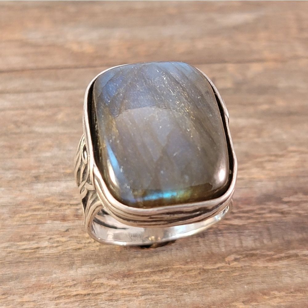 Sterling Paz Israel Labradorite Rextangle Bezel Set Organic Swirl Statement Ring - Picture 4 of 14